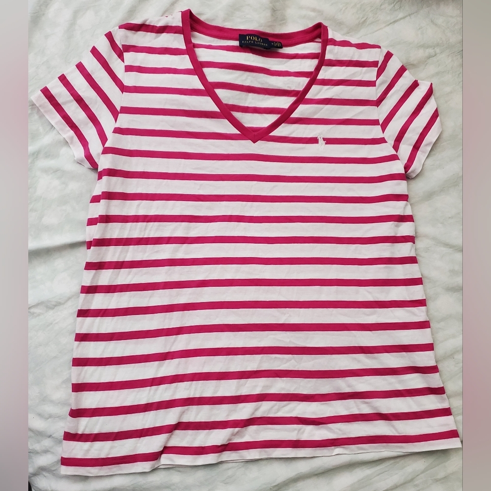 Polo Ralph Lauren Pink and White Stripe v-neck Tee, size Medium